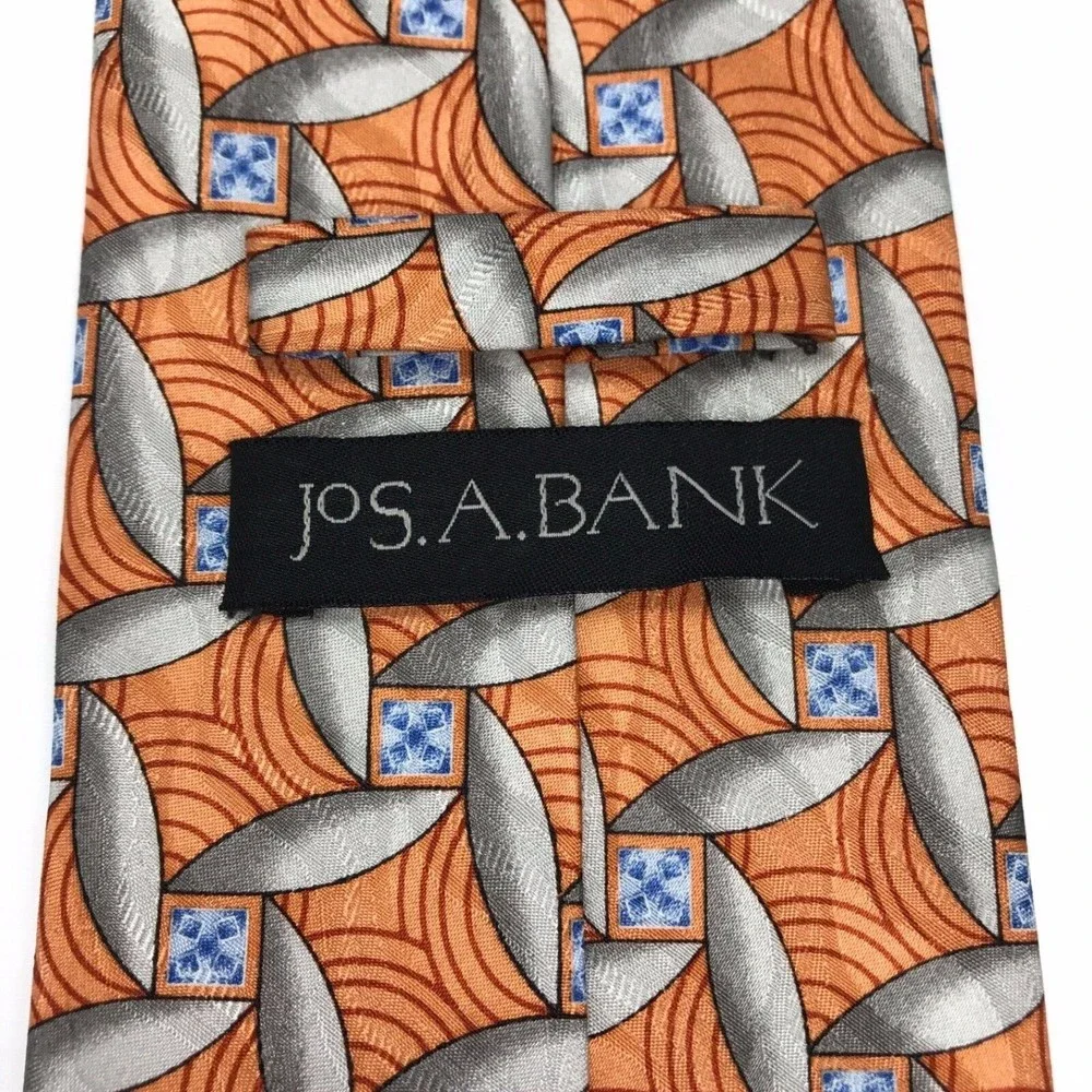Jos A Bank Tie 100% Silk Geometric Orange Blue Gray Business Men's Necktie 58